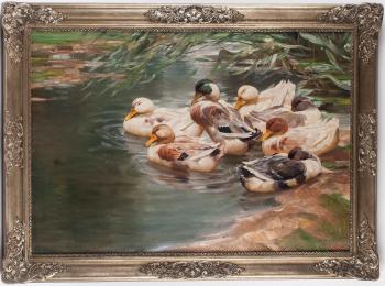 Six ducks at the shores of a pond by 
																	Arthur Nisio