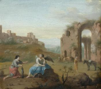 An Arcadian landscape with Tobias and the Angel by 
																	Jan van Haensbergen
