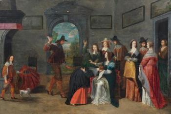 A company playing a game in an interior by 
																	Christoffel Jacobsz van der Lamen