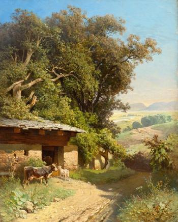 A summer landscape with a cowshed and animals by 
																	Sebastian Habenschaden