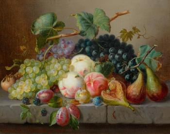 Still life of fruits with figs, peaches and grapes on a stone plinth by 
																	Amalie Karcher