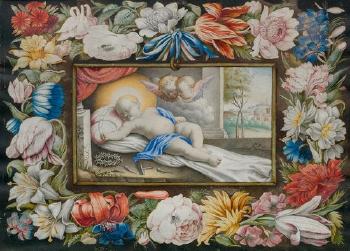 The Infant Jesus, sleeping, with instruments of torture, encircled by flower tendrils by 
																	Guillaume Joseph Roques