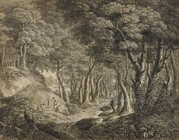 Forest landscape with travellers on a road by 
																	Johann Heinrich Troll