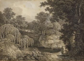Two monks at a waterside in a wooded landscape by 
																	Johann Heinrich Troll