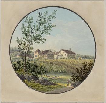 Houses by a vineyard, a shepherd with herd of cows in the foreground by 
																	Conrad Caspar Rordorf