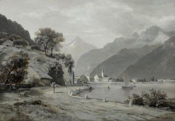 View from Flüelen with the old Gotthard Road and the Urirotstock in the background by 
																	Otto Frolicher