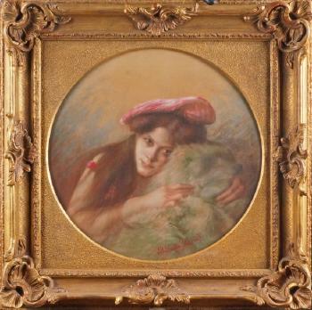 Portrait de jeune fille au béret rose avec son chien by 
																	Blanche Labbe-Serville