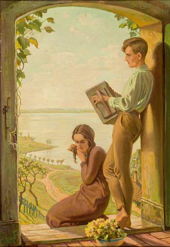 Junges Paar in offener Türe mit Blick auf Seenlandschaft by 
																			Rudolf Gahlbeck