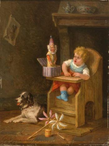 Kleinkind im Kinderstuhl erschrickt
vor einem Schachtelteufel (Clown) by 
																	Joseph Gyselinckx