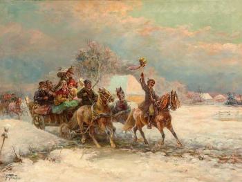Hochzeitsgesellschaft auf einem Fuhrwerk in Winterlandschaft by 
																			Gustav Prucha