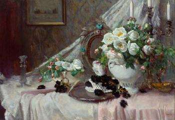 Prachtvolles Stilleben mit weißen Rosen und Stiefmütterchen, Spiegel und silbernem Kandelaber vor Tapetenhintergrund by 
																			Helen Iversen