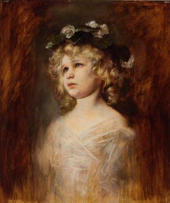 Portrait eines kleinen Mäd- chens mit Blüten im lockigen blonden Haar by 
																	Theodor Recknagl