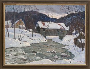 Winter Landscape with Covered Bridge by 
																			Earle A Titus