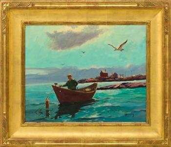 A fisherman and dory by 
																			J J Enwright