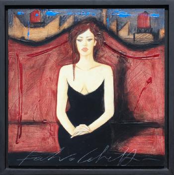 Girl in Black Dress Seated on a Red Sofa by 
																			Fabio Calvetti