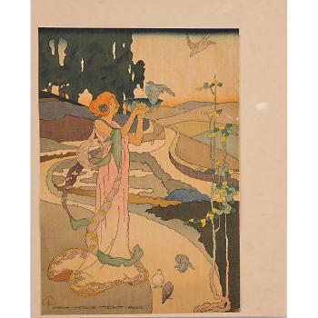 Four Pre-Raphaelite or Japanesque prints by 
																			M Louise Stowell