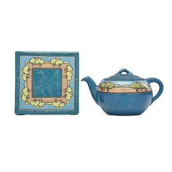 Rare teapot and trivet decorated in cuerda seca  with trees by 
																			Sara Galner