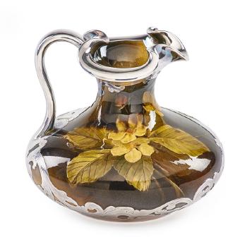 Light pitcher with wild roses and silver overlay by 
																			Harriet Strafer