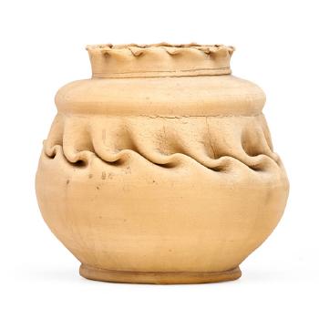Large bisque vase with ruffled rim and in-body twist by 
																			George Edgar Ohr