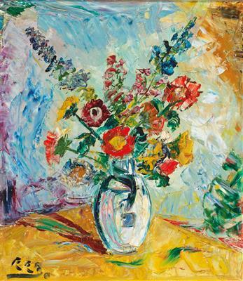 A glass vase with flowers by 
																	Rudolf Raimund Ballabene