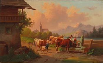 Cows with Herder and Herdswoman at the Trough by 
																			Adolf Nowey