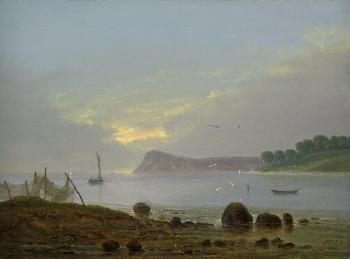 Küstenpartie mit Segelschiff und Fischernetzen bei Morgendämmerung by 
																	Frederik Michael Ernst Fabritius de Tengnagel