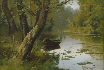 Sommerliche Landschaft mit Teich und Seerosen und einem Kahn by 
																	Valerian V Babadin