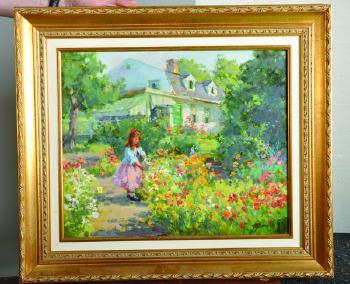 A Garden Scene, with a Young Girl Watering Flowers by 
																			Tatyana Yenikeyeva