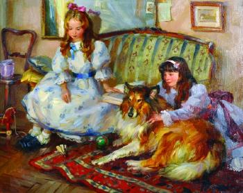 Two Young Girls on a Sofa, with a Collie on a Rug by 
																			Tatyana Yenikeyeva