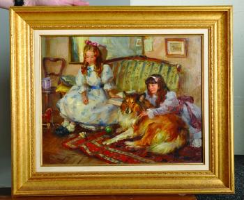 Two Young Girls on a Sofa, with a Collie on a Rug by 
																			Tatyana Yenikeyeva