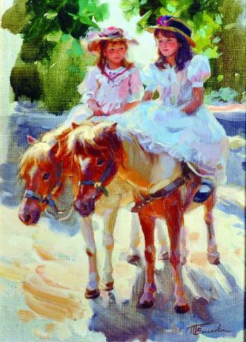 Two Young Girls on Ponies by 
																			Tatyana Yenikeyeva