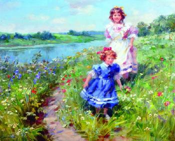Young Girls Picking Flowers by a Riverbank by 
																			Tatyana Yenikeyeva