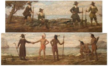 Landing of the Pilgrim Fathers, Miles Standish greeting an Indian chief while other pilgrims and Indians look on by 
																			Detlef Sammann