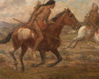 The Buffalo Hunt, chief and Indians on horseback with hunting weapons by 
																			Detlef Sammann
