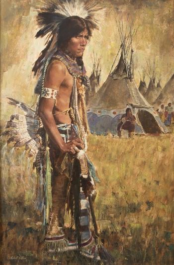 Cheyenne, standing Indian with Indian village by 
																			Robert Totten