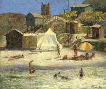 'Laguna Beach', figures at the beach, possibly Fish Canyon by 
																			Alfred J Dewey