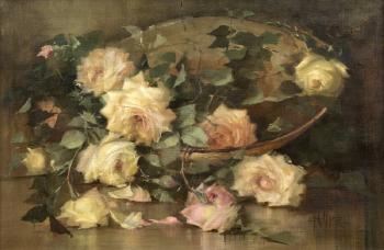 Still life of roses in a basket by 
																			Florine Hyer