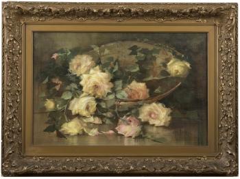 Still life of roses in a basket by 
																			Florine Hyer