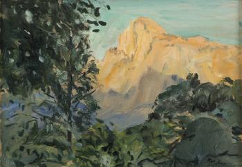 Mountain Shrubs, in distance Half Dome Yosemite Valley by 
																			Karl Julius Heinrich Yens