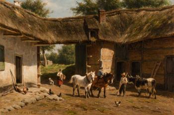 A chat on the courtyard of the farmstead by 
																	Willem Carel Nakken