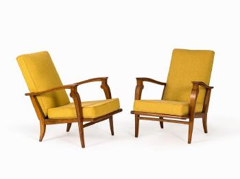 Pair Armchairs with Yellow Fabric Cover by 
																			Roger Landault