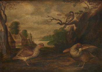 Poules et oiseau dans un paysage. Poules et champignons dans un paysage by 
																			Christiaan Luykx