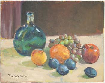 Fruit with blue bottle by 
																	Augustus W Dunbier