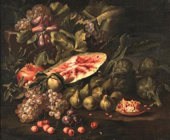 Natura morta con frutti, anguria e uva by 
																	Carlo Manieri