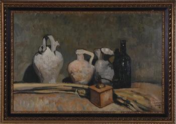 Still life, pottery and bottle by 
																			Alfredo Zalce
