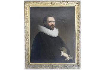 Portrait of a gentleman, half length wearing a white ruff and a black cape by 
																	Pieter Dubordieu