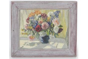 Still life of flowers in a blue bowl by 
																	Gladys Vasey