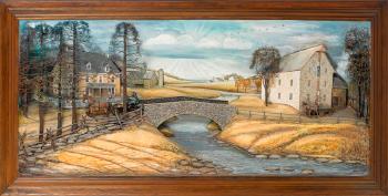 Diorama of a country scene with a farm and a carriage crossing a stone bridge by 
																	Abner Zook