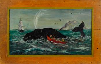 Pine panel of a whaling scene by 
																	Albert Abelt