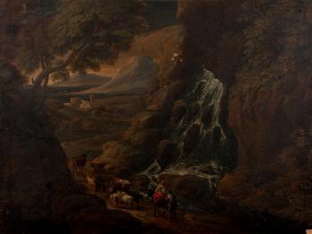 Couple de paysans conduisant leur troupeau près d’une cascade by 
																	Philip Augustyn Immenraedt